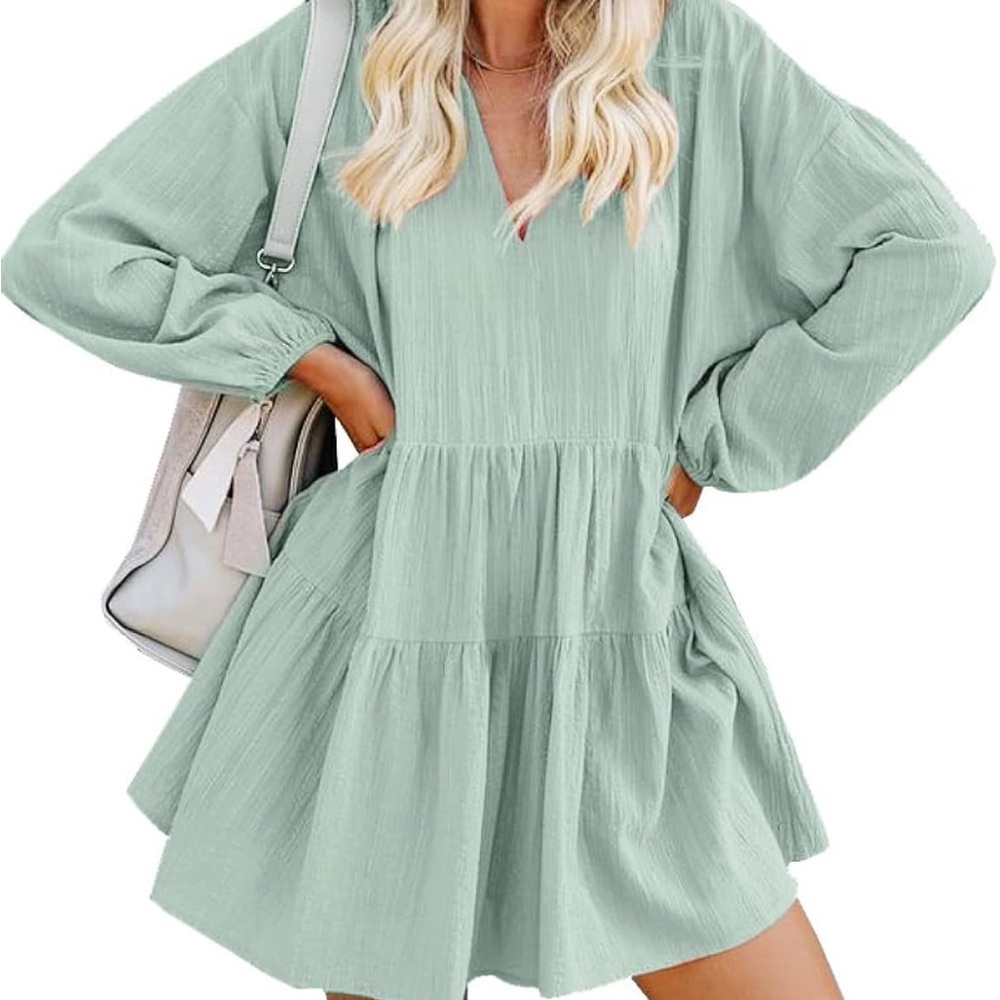 Amazon Green Tiered Mini Dress with Bishop Sleeves